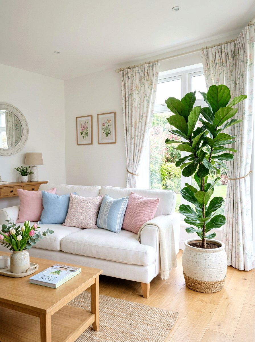 Fiddle Leaf Fig With Pastel Spring Accents - 25 Spring Fiddle Leaf Fig Styling Ideas