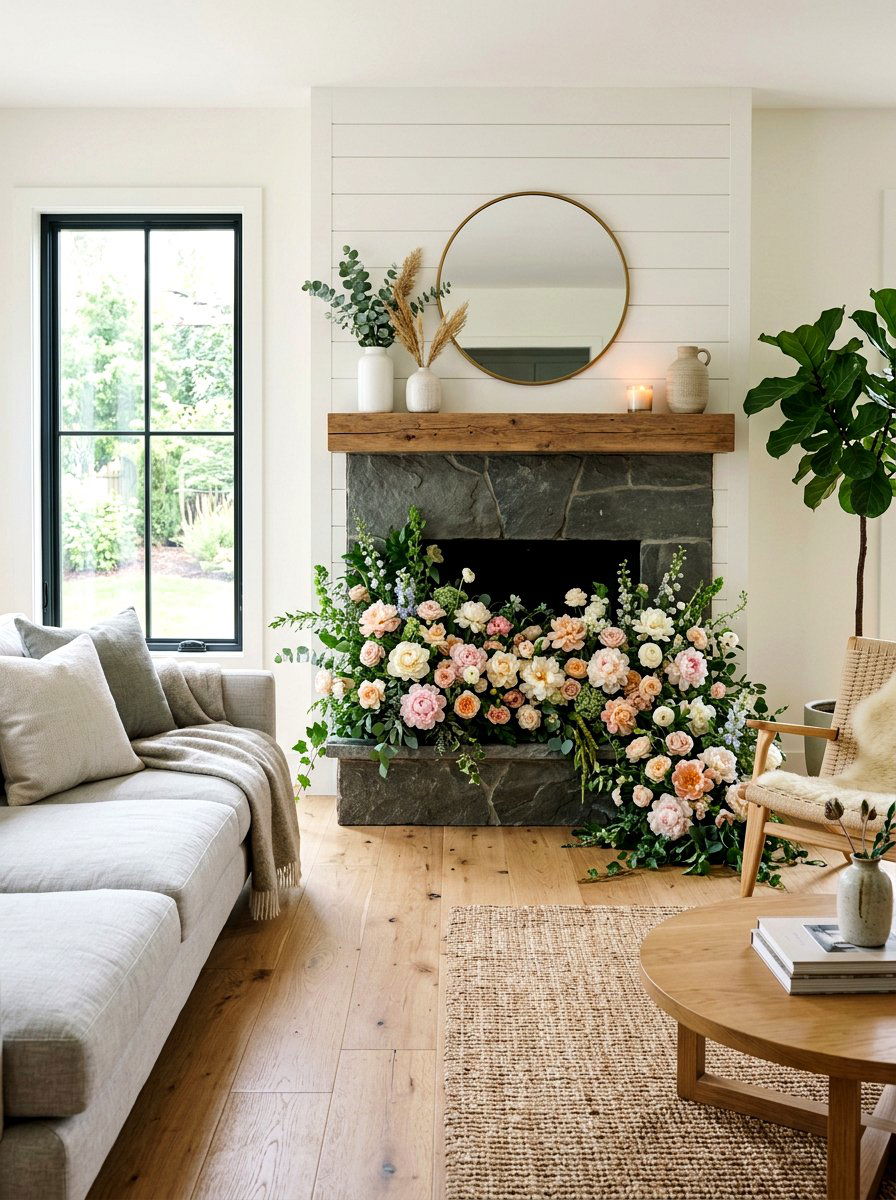 Fireplace Hearth Floral Swag - 25 Spring Floral Garland Ideas