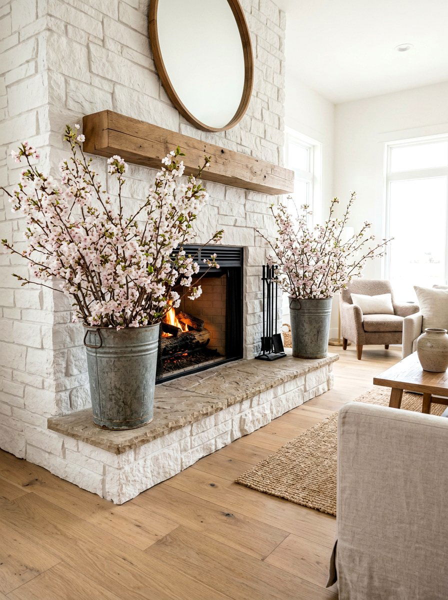 Fireplace Hearth Flower Bucket - 25 Spring Galvanized Bucket Decor Ideas