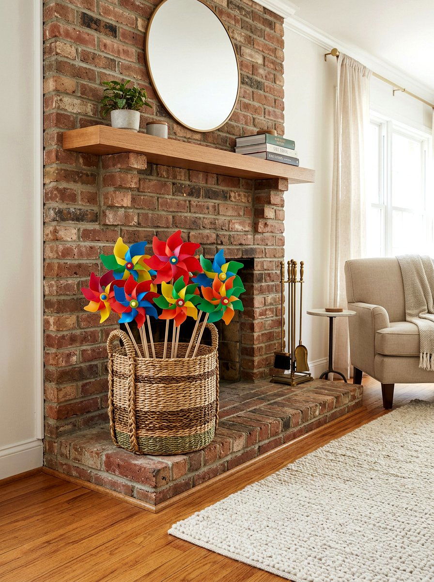 Fireplace Hearth Pinwheel Basket - 25 Spring Pinwheel Decor Ideas