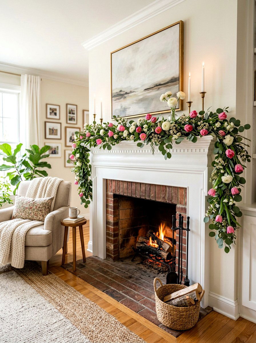 Fireplace Mantel Flower Garland - 25 Spring Floral Garland Ideas