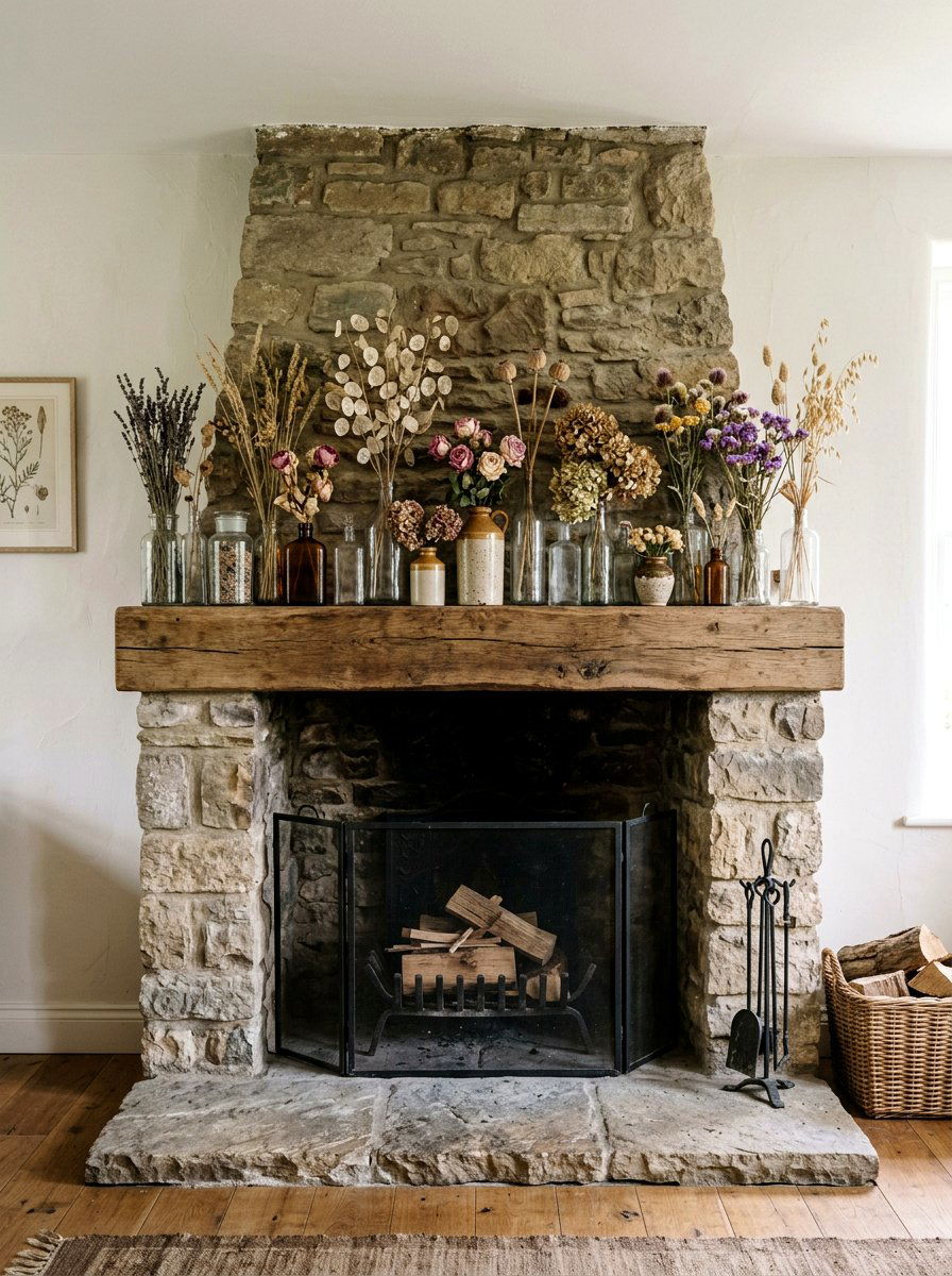 Fireplace Mantle With Dried Wildflowers - 25 Spring Wabi Sabi Decor Ideas