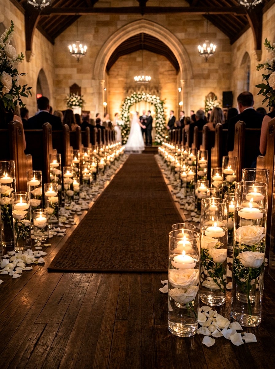 Floating Candle And Bloom - 25 Spring Wedding Aisle Decor Ideas