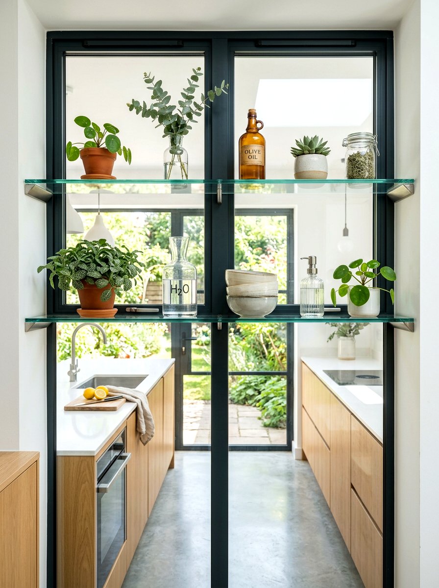 Floating Glass Shelves - 25 Spring Kitchen Windowsill Ideas