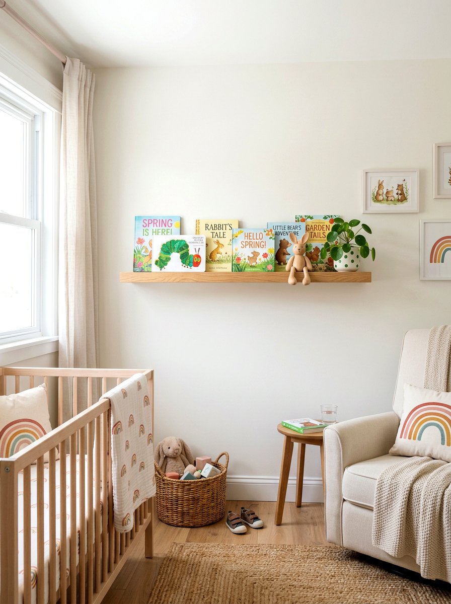 Floating Shelf With Spring Books - 25 Spring Nursery Wall Decor Ideas