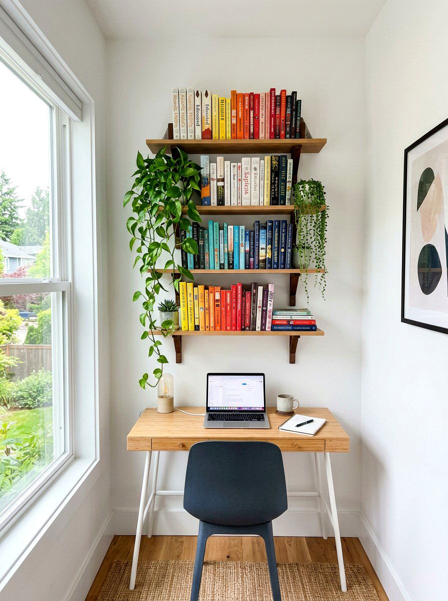 Floating bookshelf display - 25 Spring Decorating Tips for Small Spaces