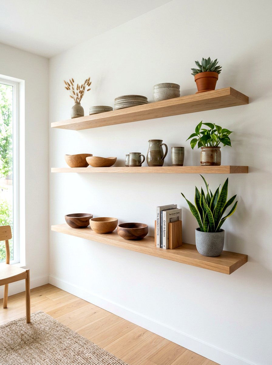 Floating oak wood shelves - 25 Spring Organic Modern Decor Ideas