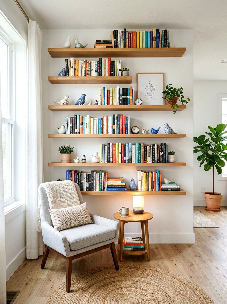 Floating shelf book nook - 25 Spring Reading Nook Decor Ideas