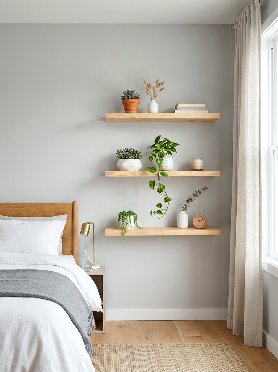 Floating wood shelves - 25 Spring Bedroom Wall Decor Ideas