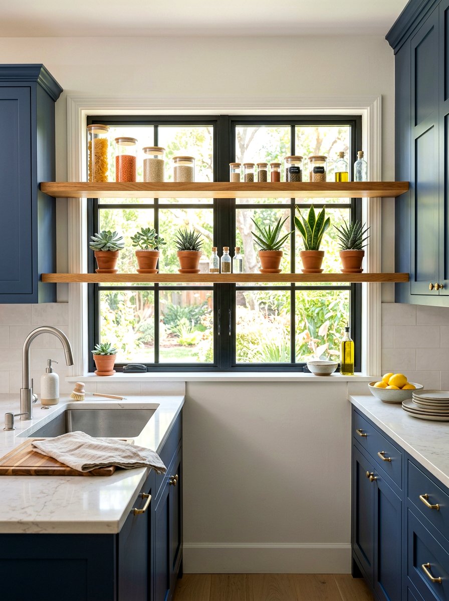 Floating wood window shelves - 25 Spring Kitchen Window Decor Ideas