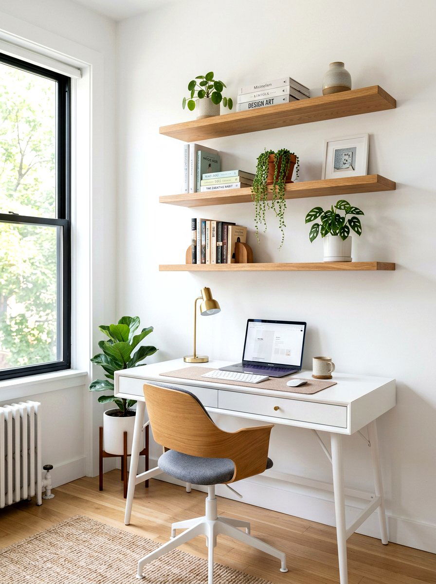Floating wooden shelves - 25 Spring Office Decor Ideas