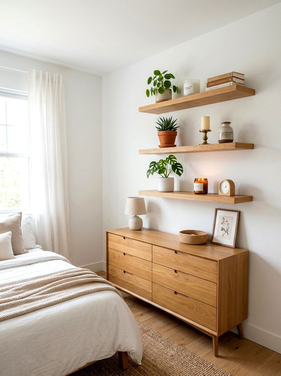 Floating wooden shelves - 25 Spring Master Bedroom Decor Ideas