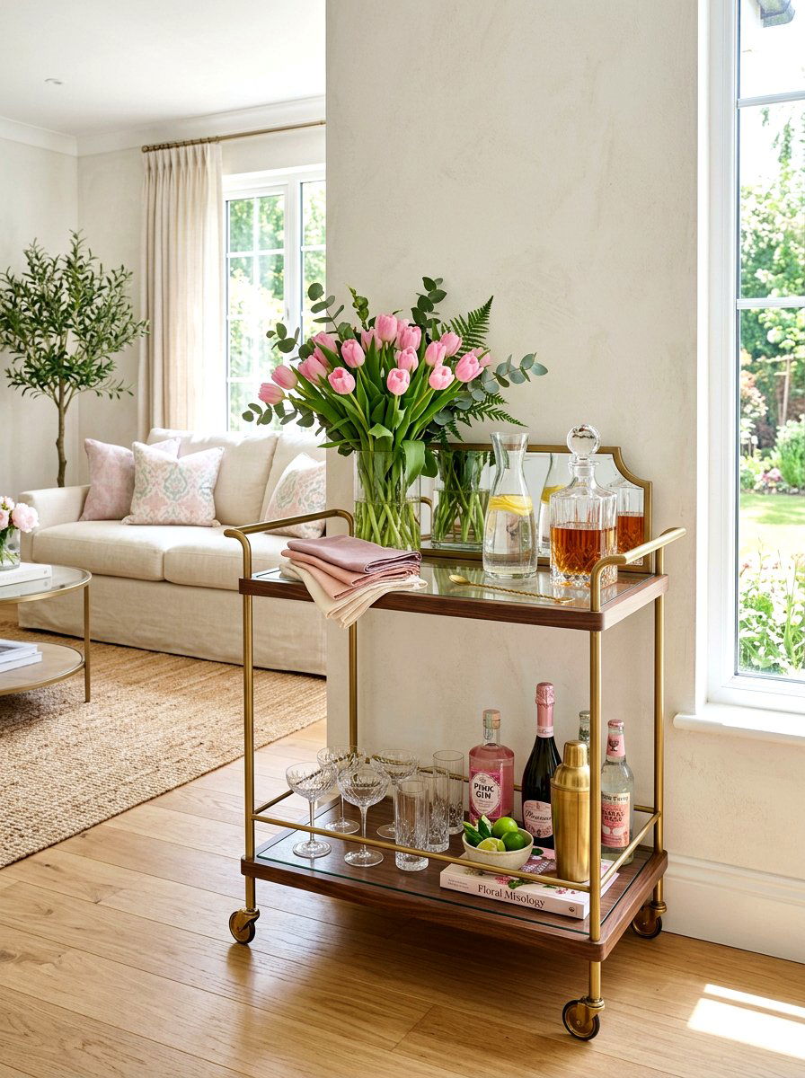 Floral Bar Cart - 25 Spring Bar Cart Styling Ideas
