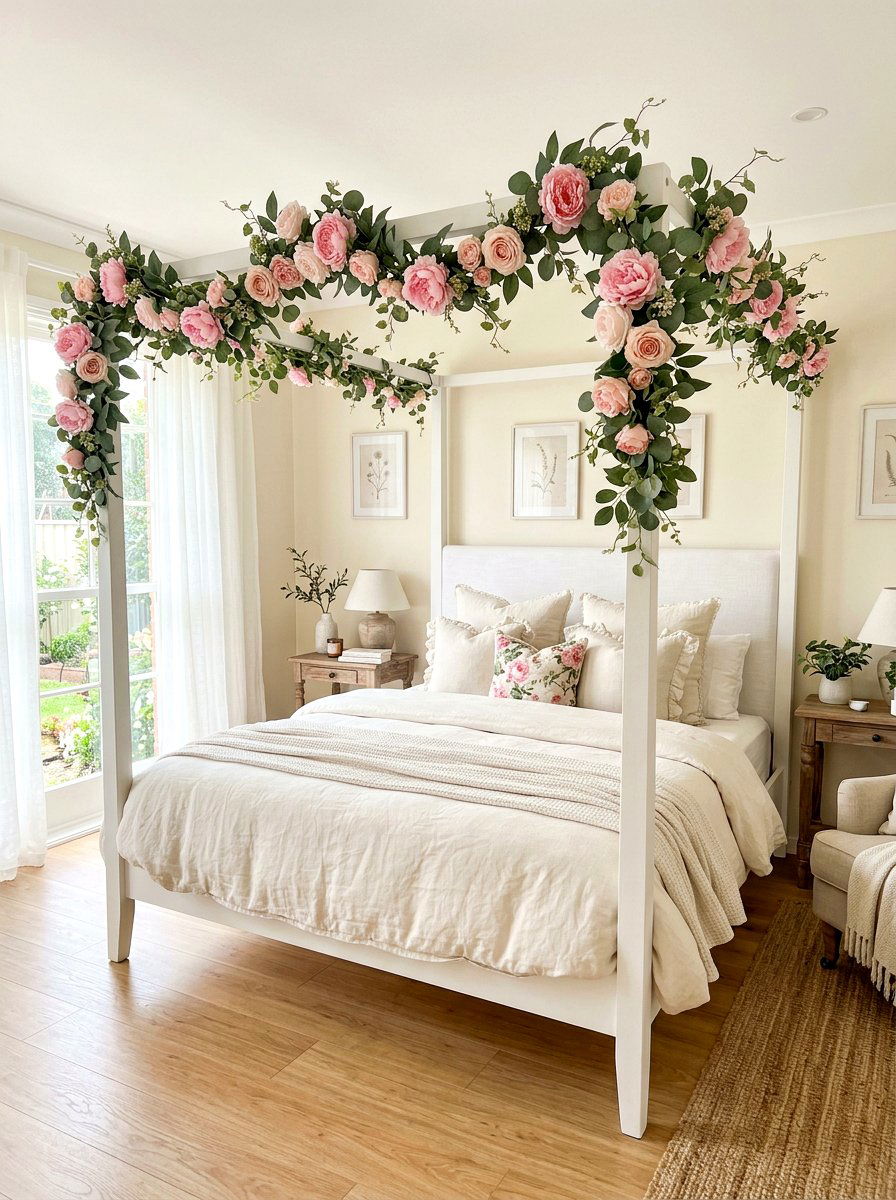 Floral Bed Garland - 25 Spring Canopy Bed Decor Ideas