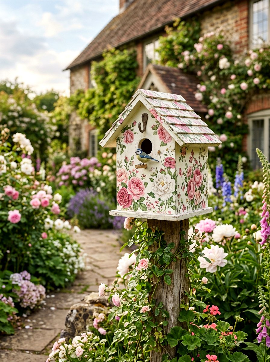 Floral Decoupage Birdhouse - 25 Spring Birdhouse Decor Ideas