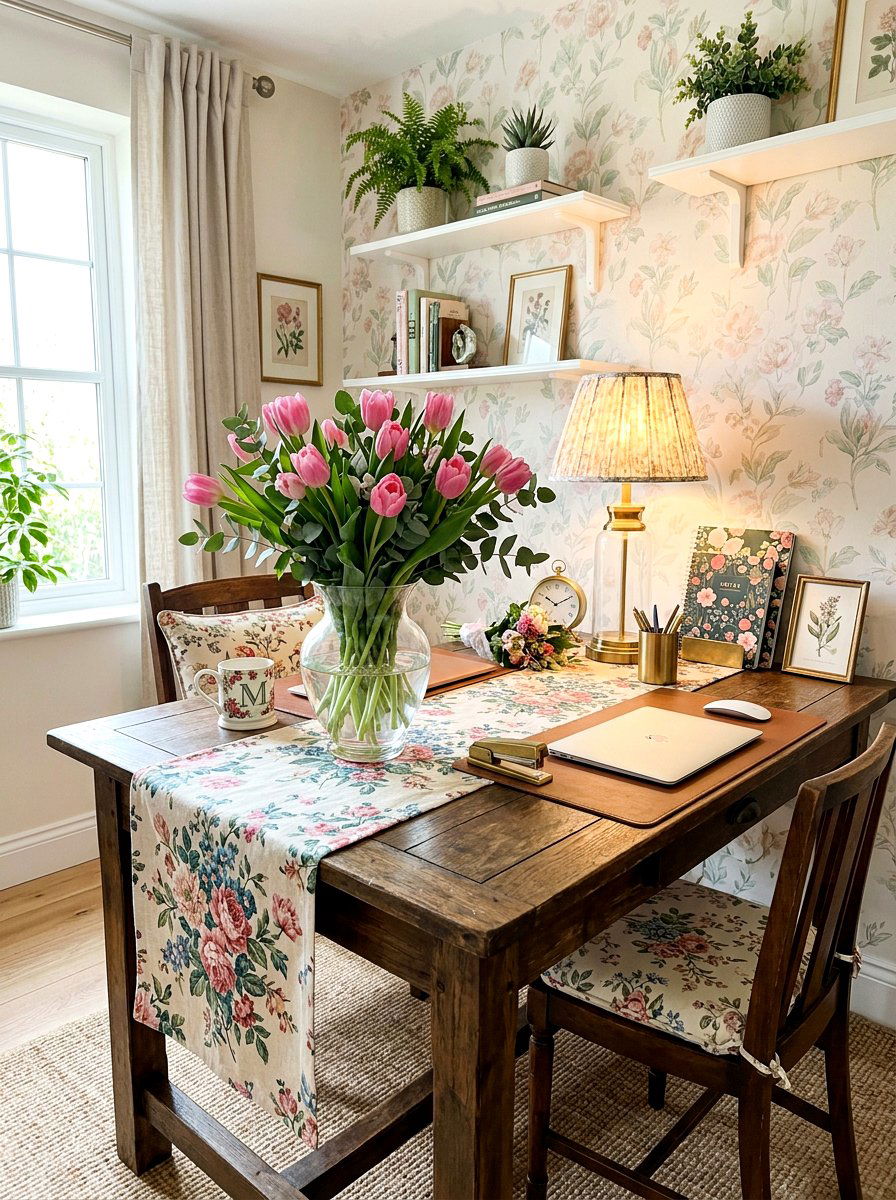 Floral Desk Setup - 25 Spring Desk Decor Ideas