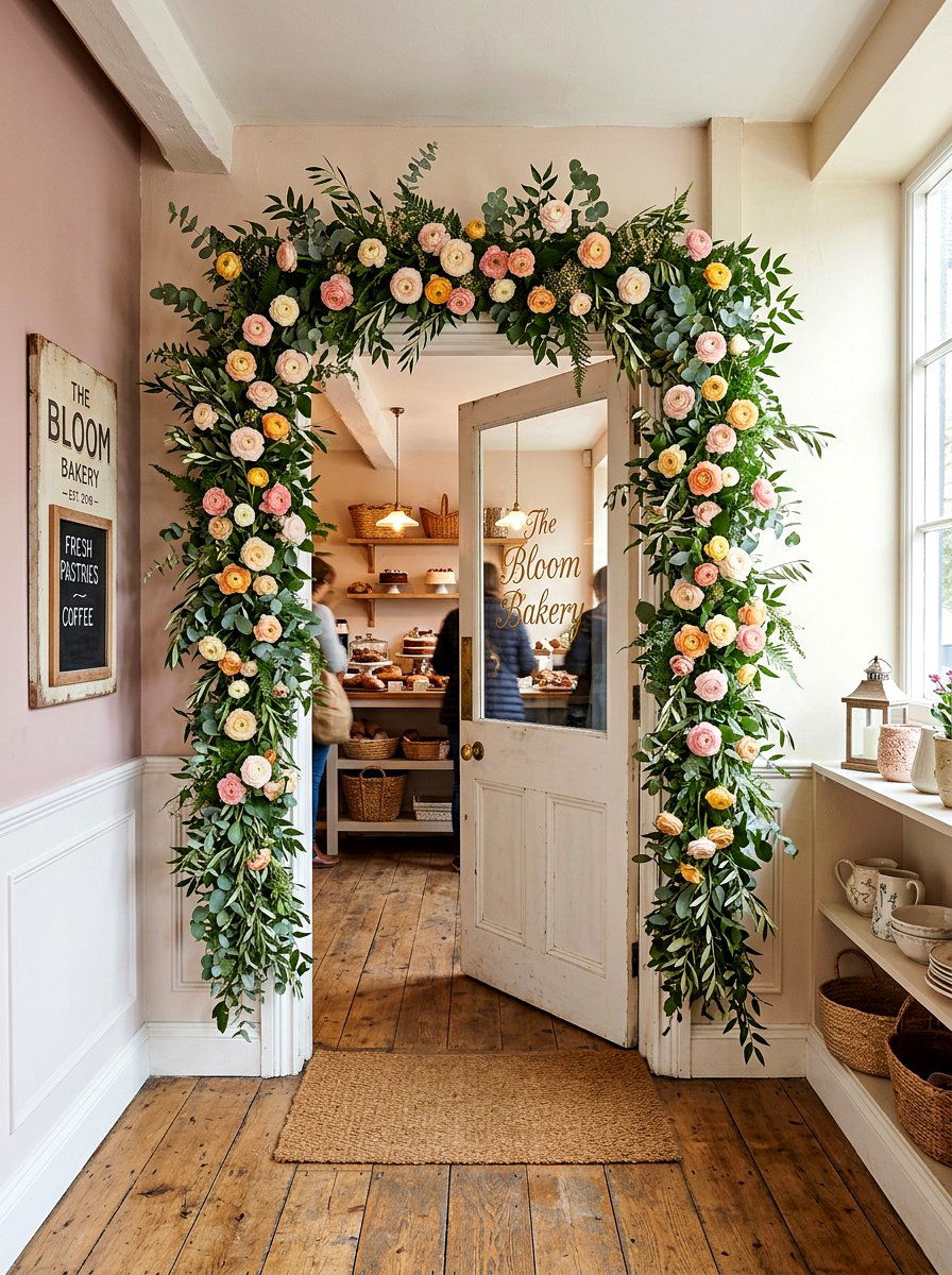 Floral Garland Bakery Archway - 25 Spring Bakery Decor Ideas