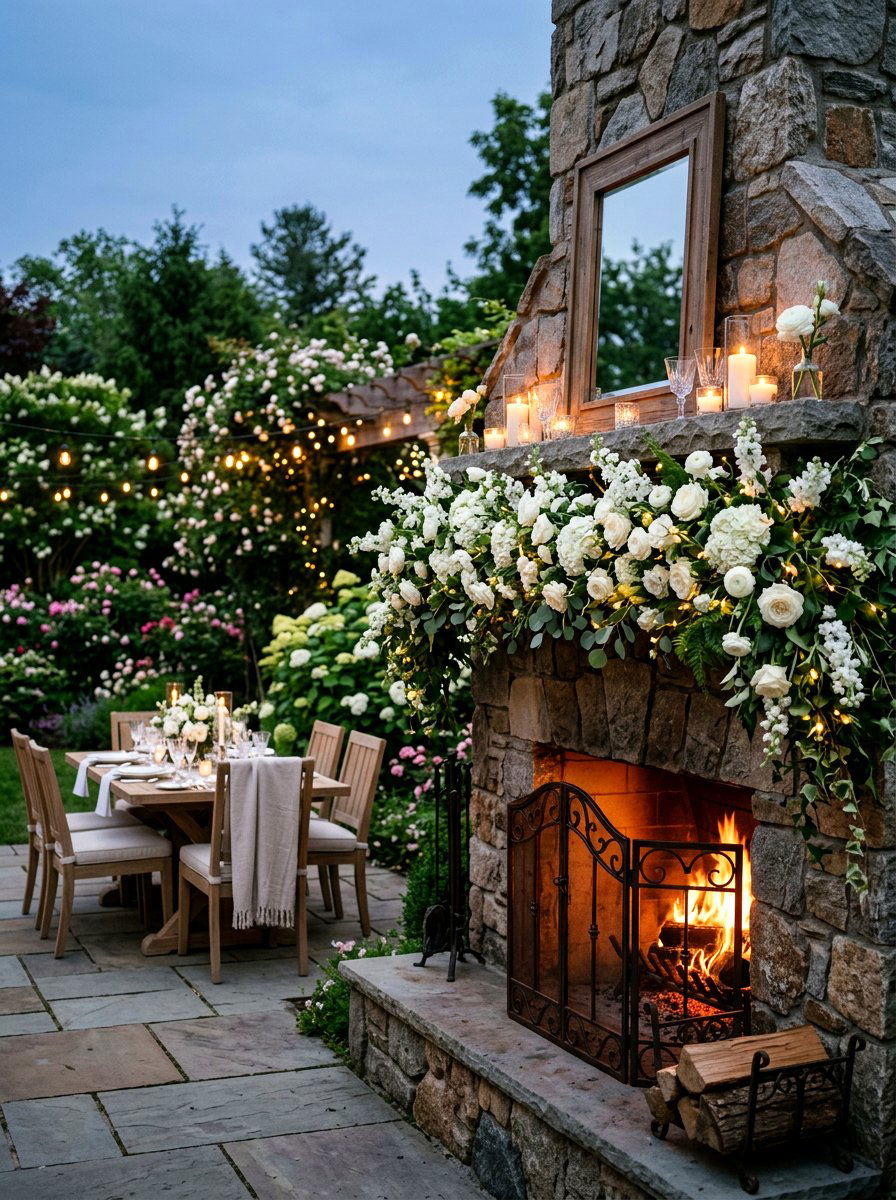 Floral Garland Fireplace Mantel - 25 Spring Outdoor Fireplace Decor Ideas