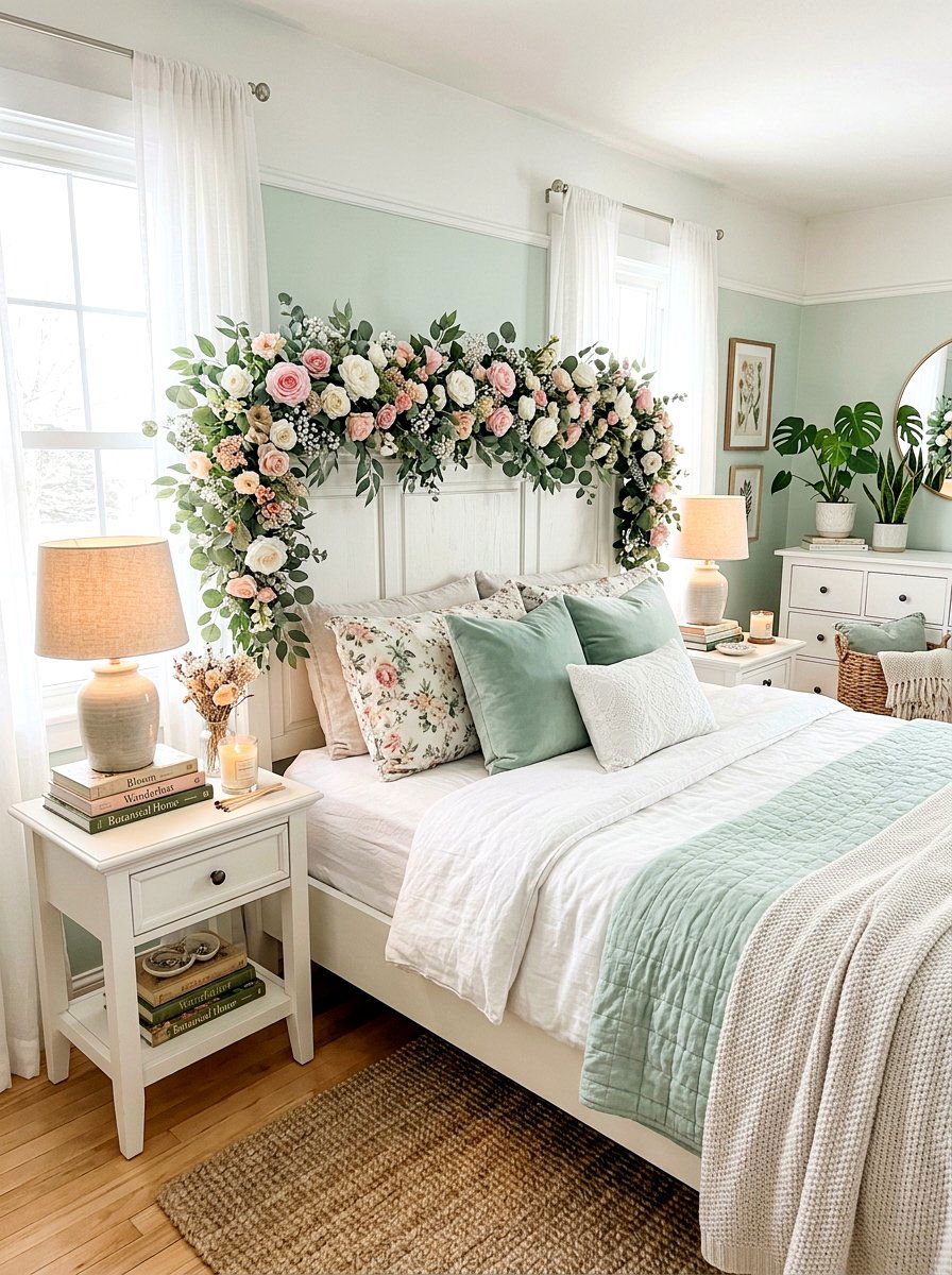 Floral Garland Headboard - 25 Spring Headboard Decor Ideas