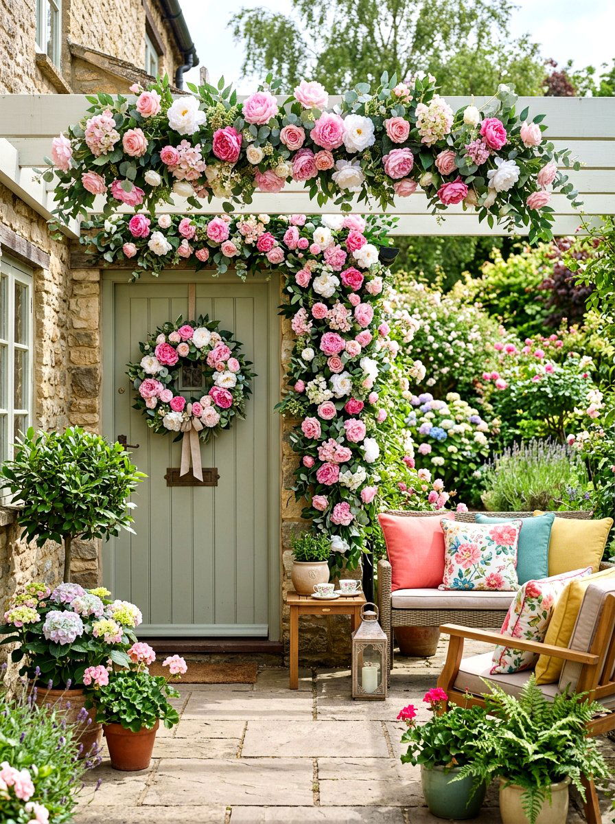 Floral Garland Installation - 25 Spring Porch Ceiling Decor Ideas
