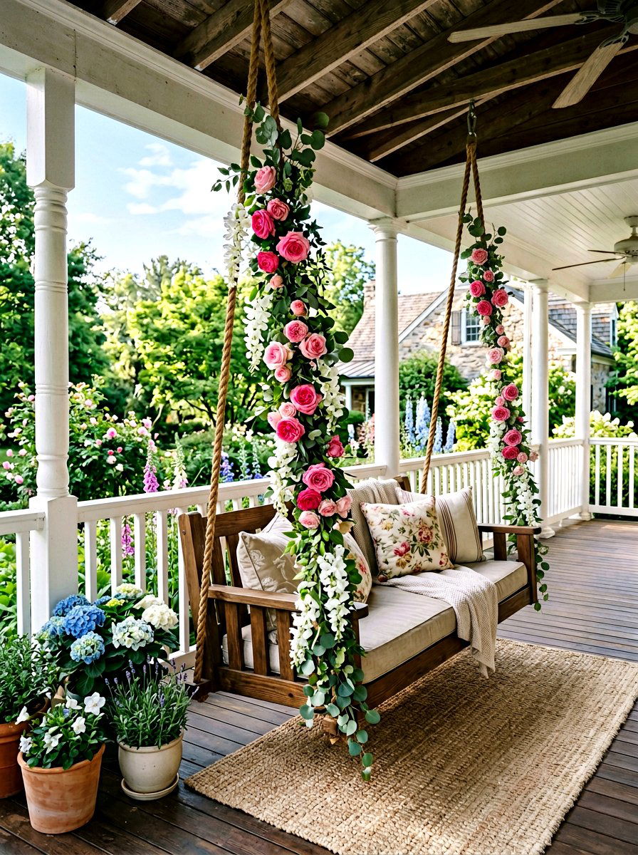 Floral Garland Porch Swing - 25 Spring Garden Swing Decor Ideas