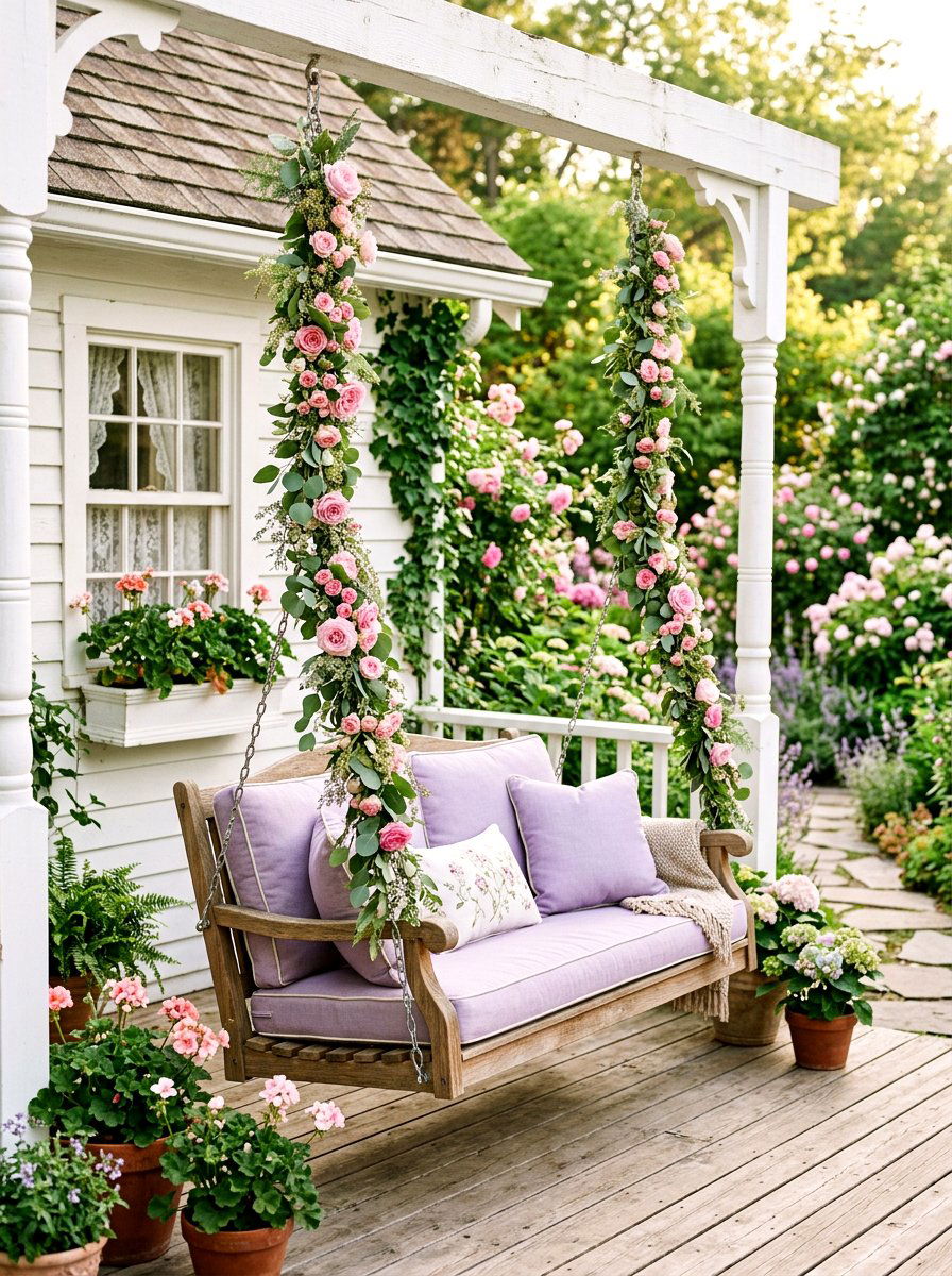 Floral Garland Swing - 25 Spring Porch Swing Decor Ideas