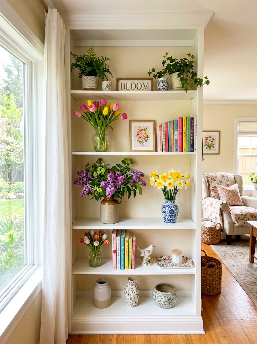 Floral Living Room Shelf - 25 Spring Living Room Shelf Ideas