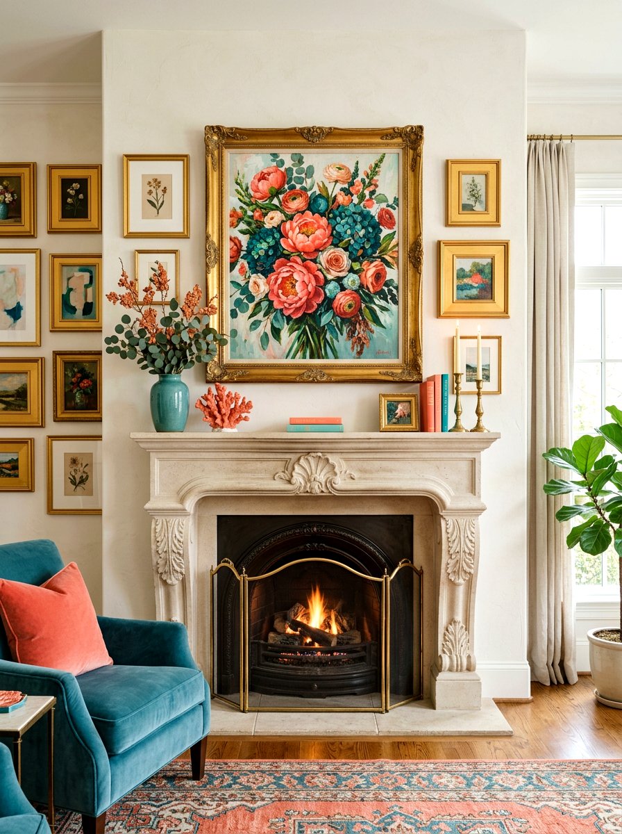 Floral Oil Painting Mantel - 25 Spring Mantel Vignette Ideas