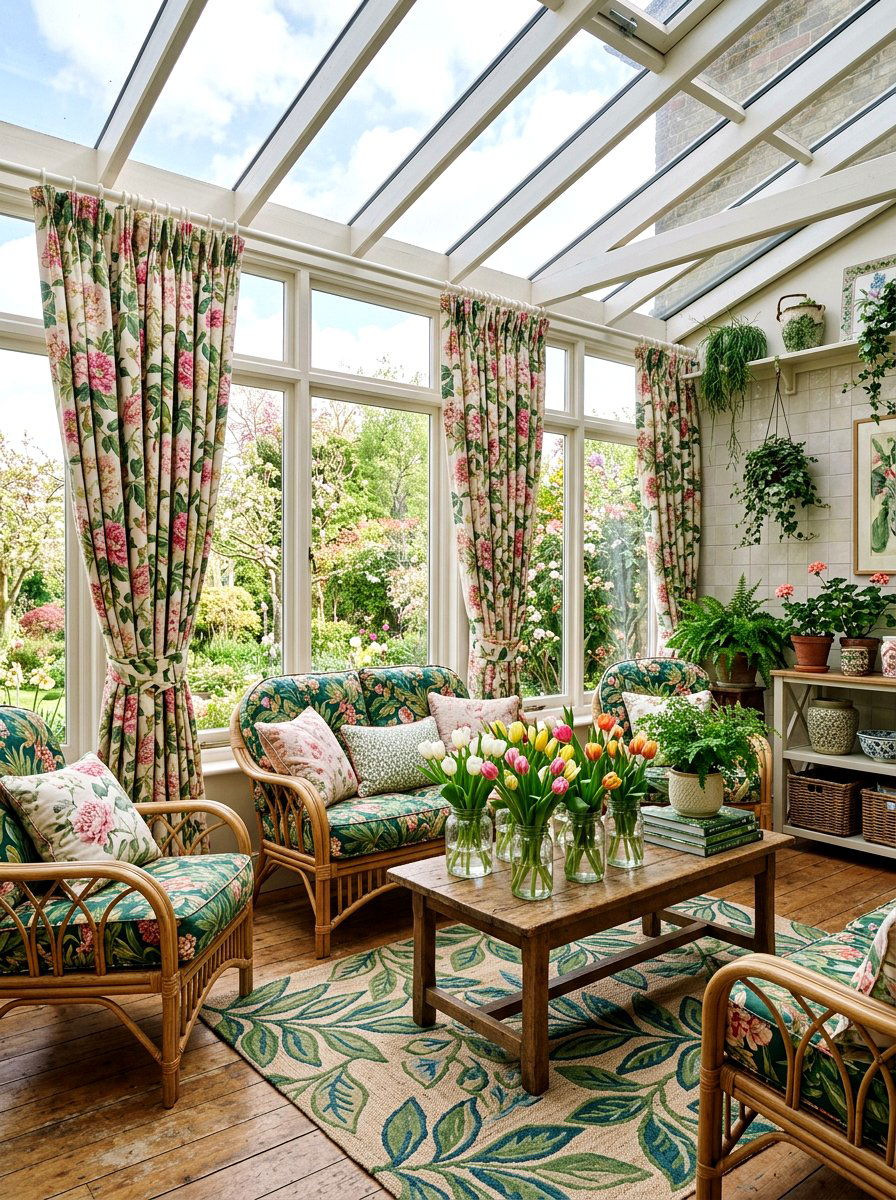 Floral Pattern Sunroom - 25 Spring Sunroom Spring Decor Ideas