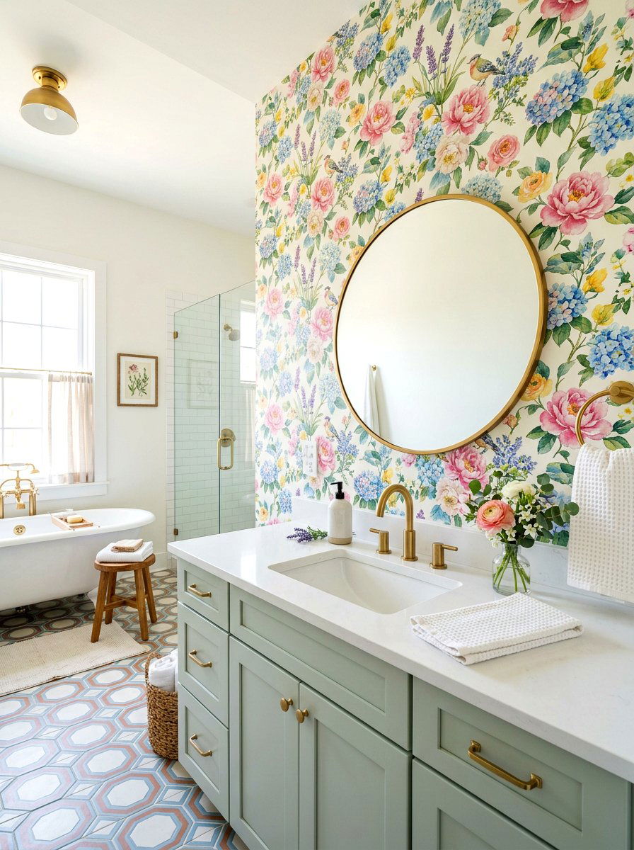 Floral Patterned Wallpaper Backsplash - 25 Spring Bathroom Vanity Decor Ideas