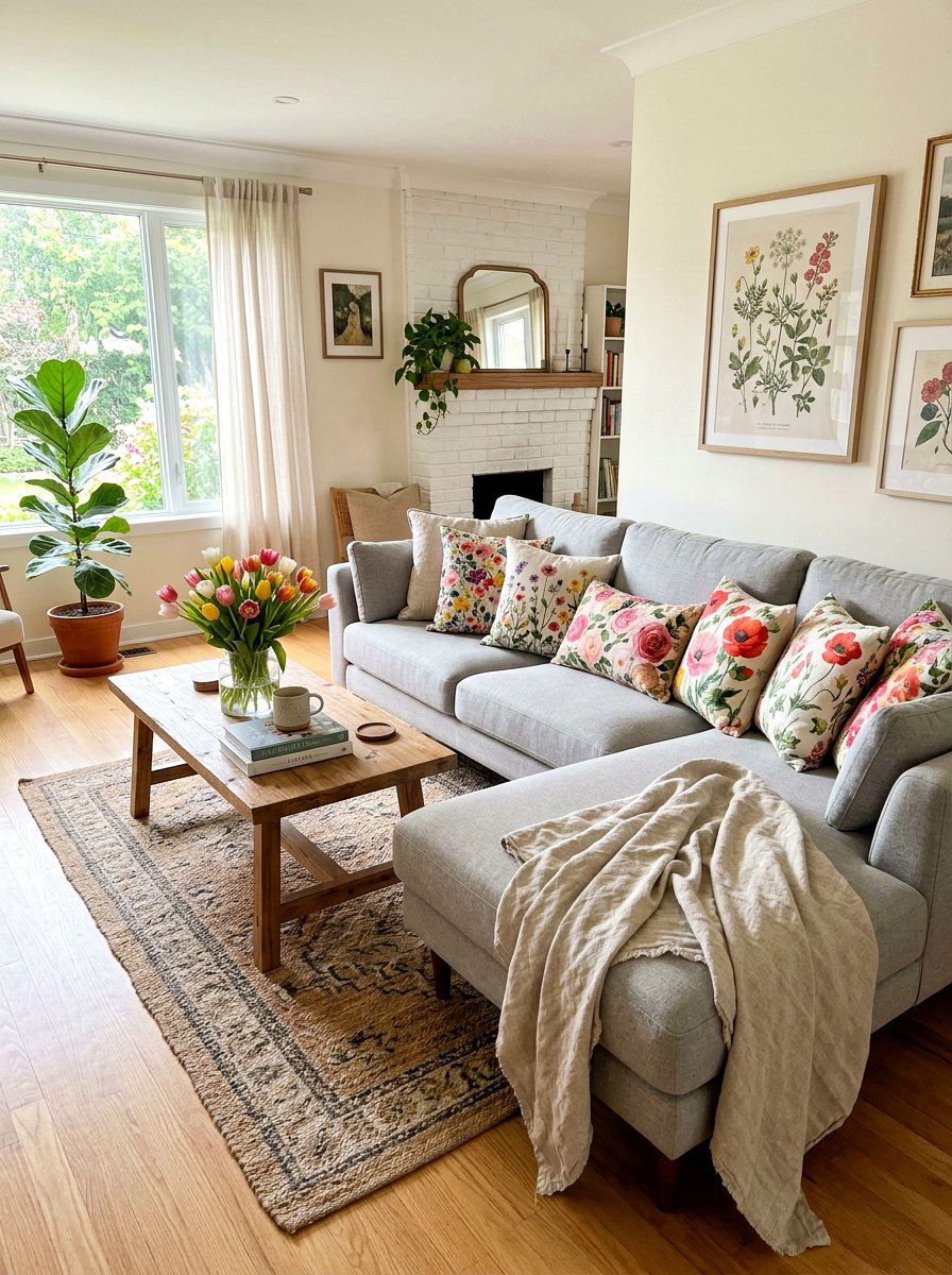 Floral Pillow Living Room - 25 Spring Botanical Print Decor Ideas