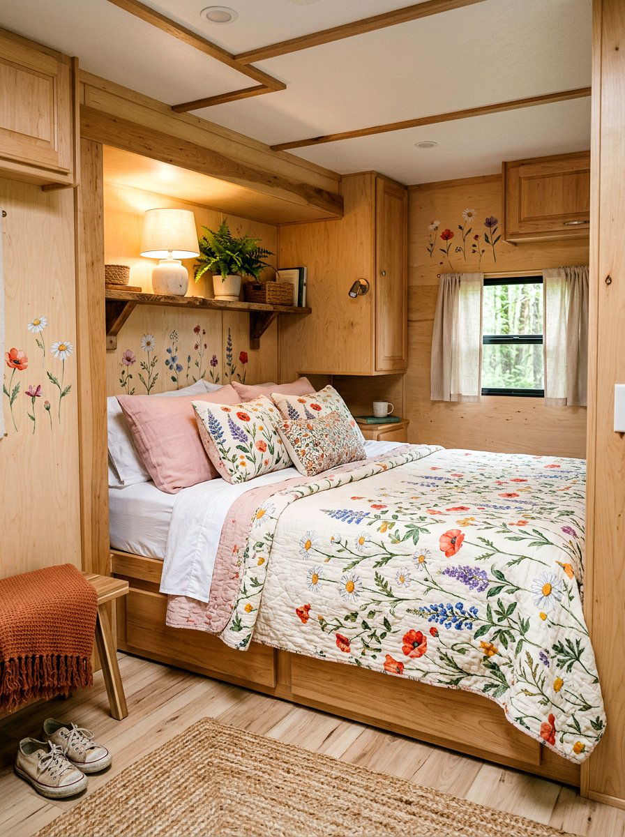 Floral RV Bedroom - 25 Spring RV Decor Ideas
