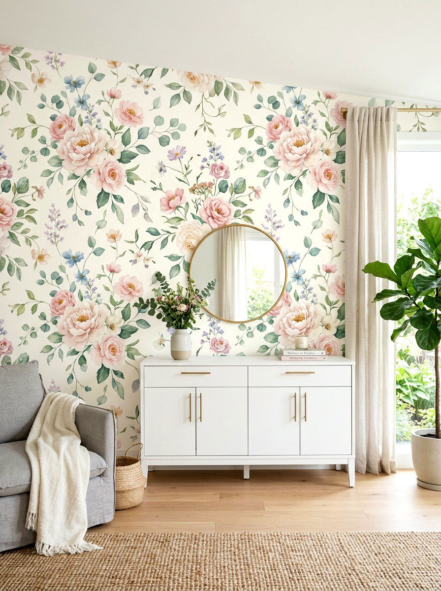 Floral Removable Wallpaper - 25 Spring Living Room Decor Ideas