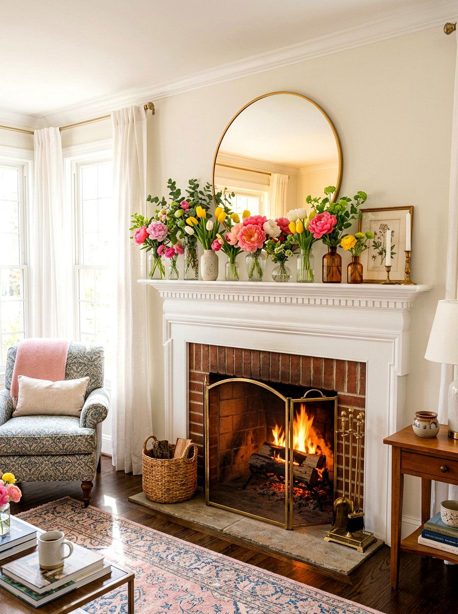 Floral Spring Mantel - 25 Spring Mantel Styling Ideas