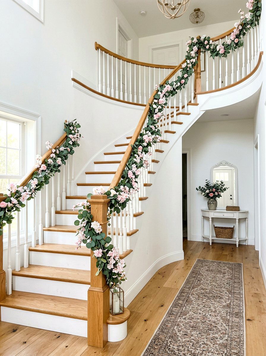 Floral Staircase Banister - 25 Spring Rustic Decor Ideas