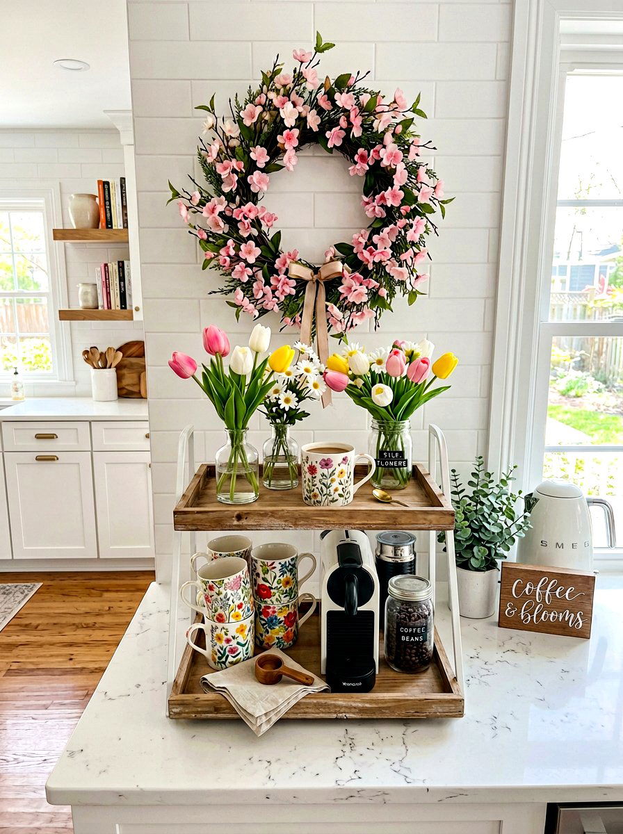 Floral Tiered Tray - 25 Spring Coffee Bar Tiered Tray Ideas