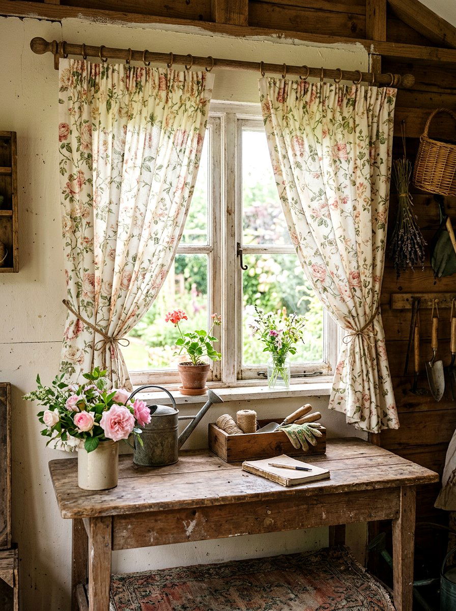 Floral Window Curtain - 25 Spring Potting Shed Decor Ideas