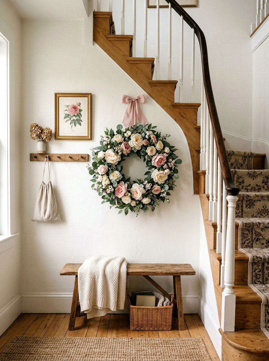 Floral Wreath Display - 25 Spring Stairway Wall Decor Ideas