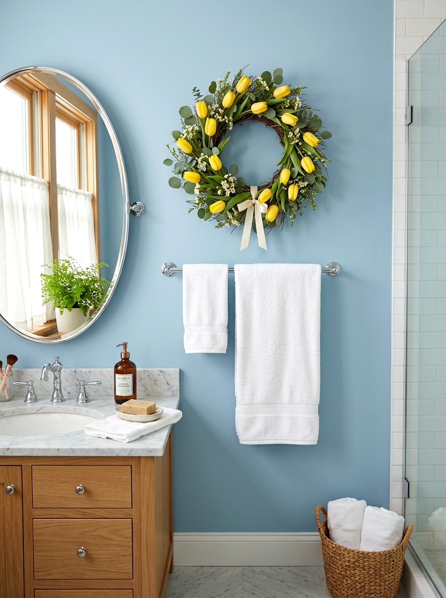 Floral Wreath Over Towel Bar - 25 Spring Towel Rack Decor Ideas