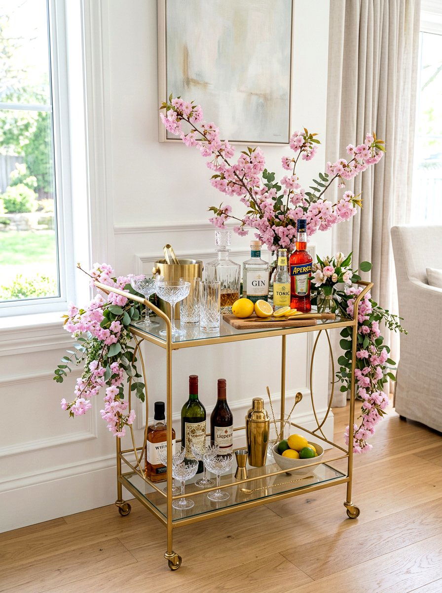 Floral bar cart display - 25 Spring Cocktail Party Decor Ideas