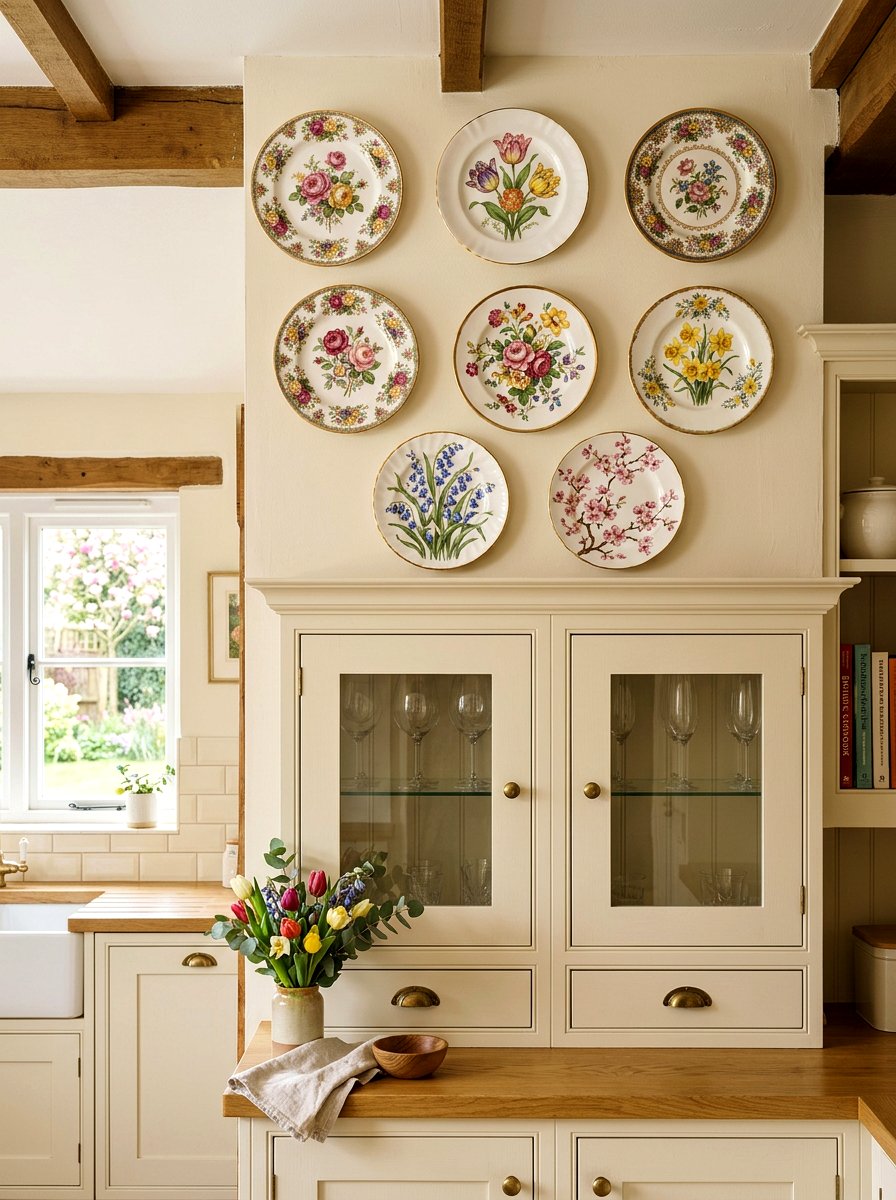 Floral ceramic plates - 25 Spring Above Cabinet Decor Ideas