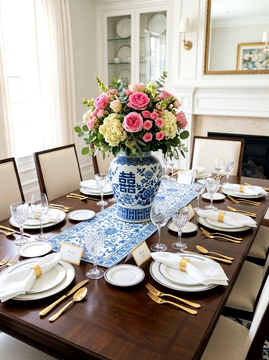 Floral ginger jar centerpiece - 25 Spring Chinoiserie Decor Ideas