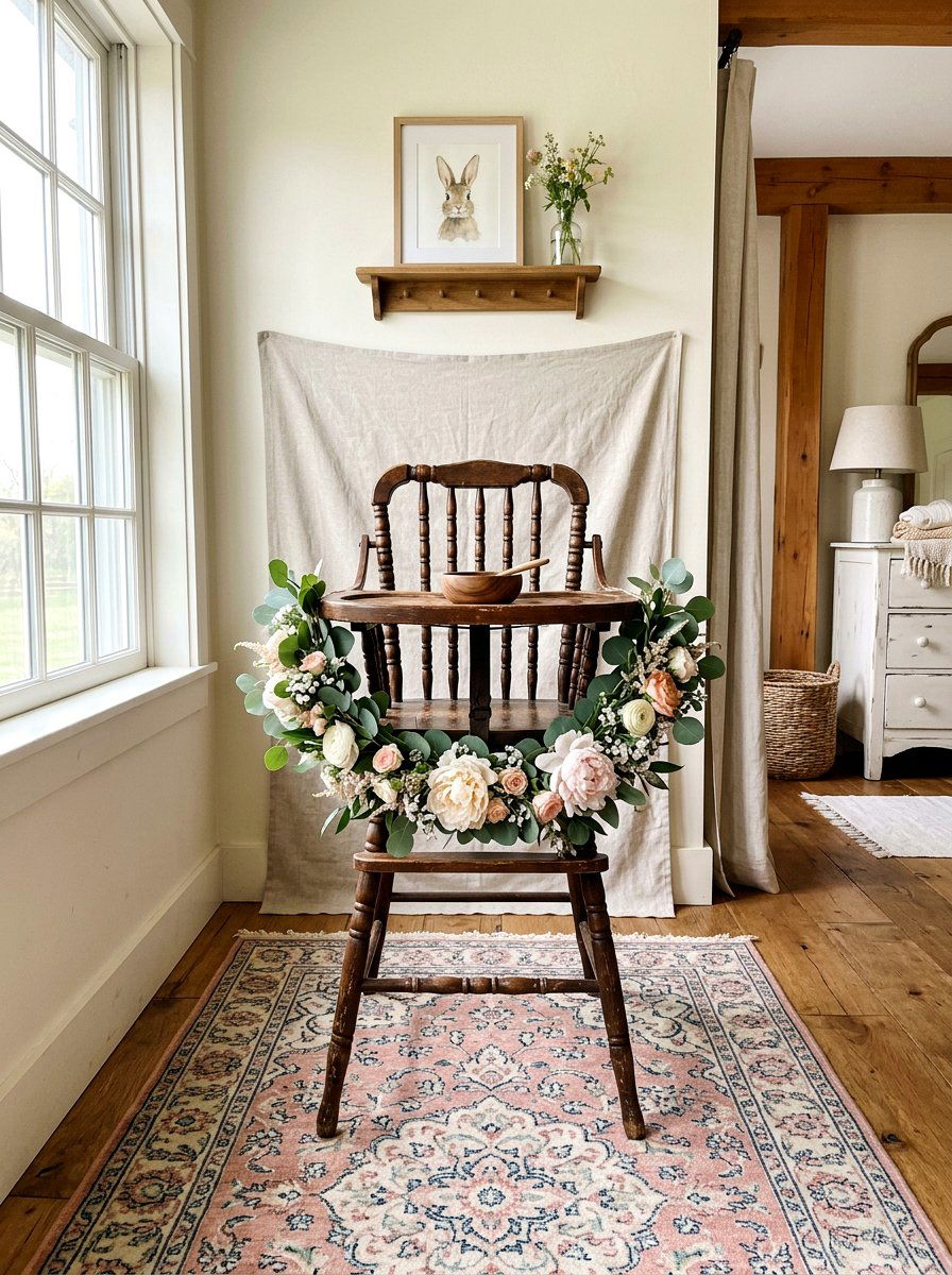 Floral high chair garland - 25 Spring First Birthday Decor Ideas