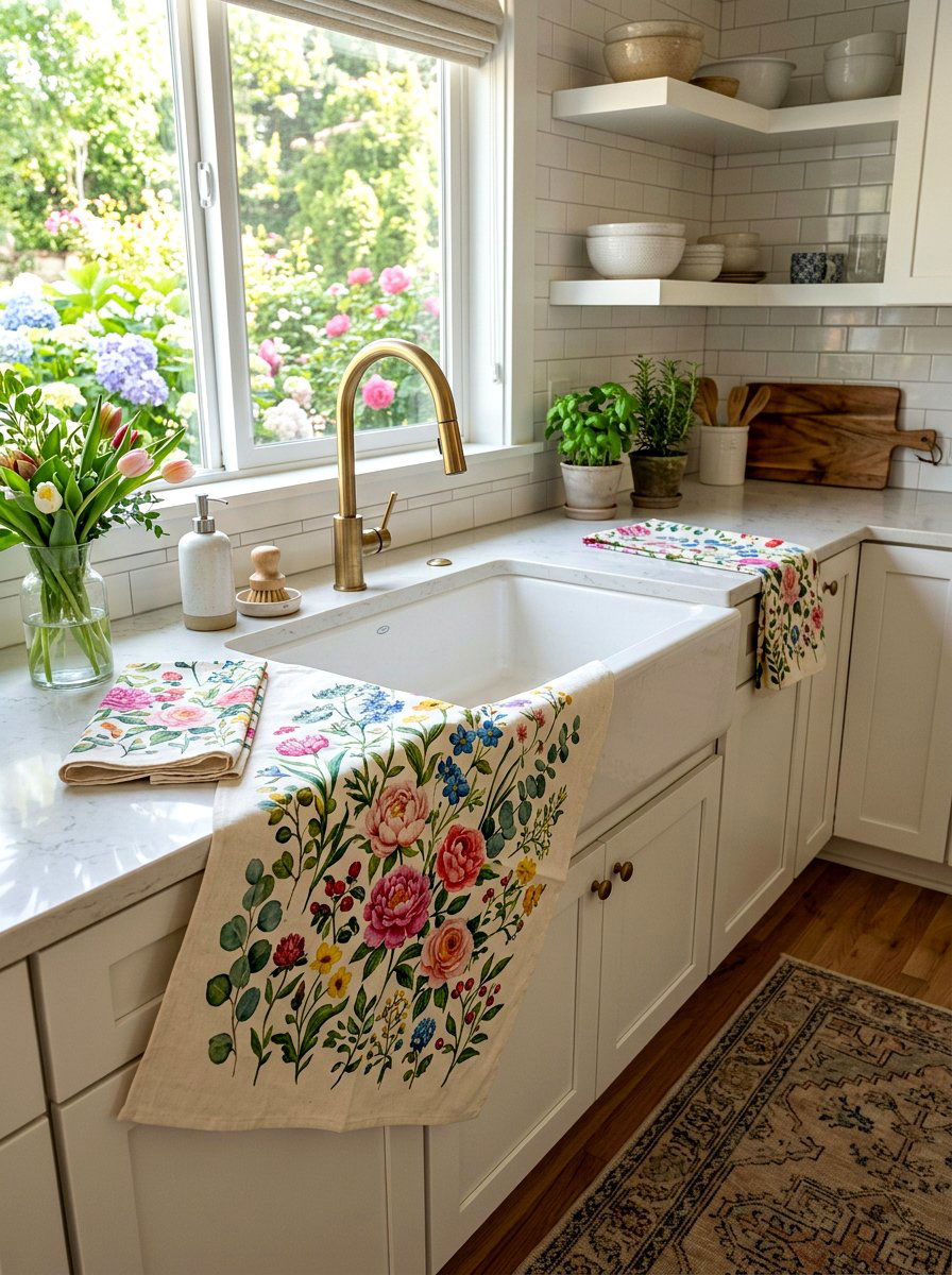 Floral kitchen linens - 25 Spring Kitchen Counter Decor Ideas
