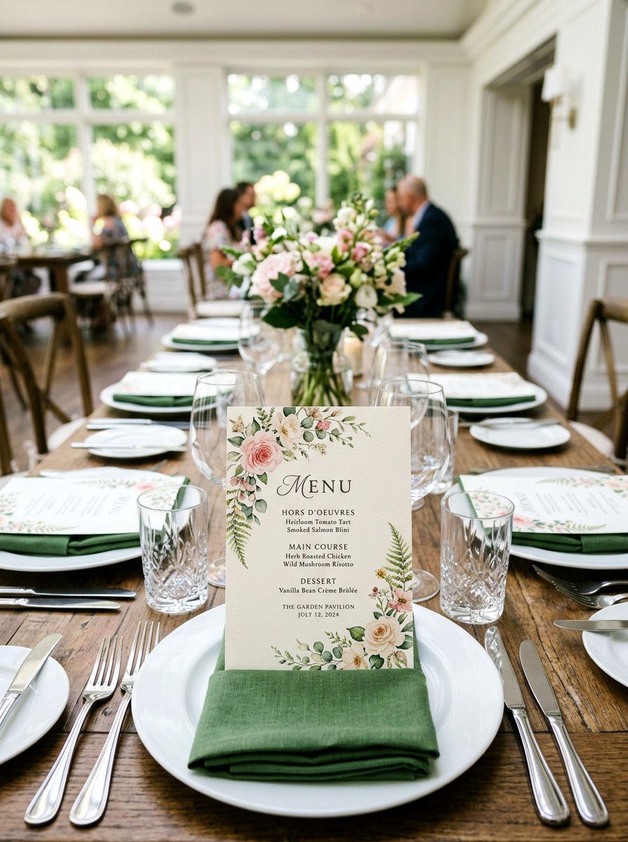 Floral menu cards - 25 Spring Rehearsal Dinner Decor Ideas