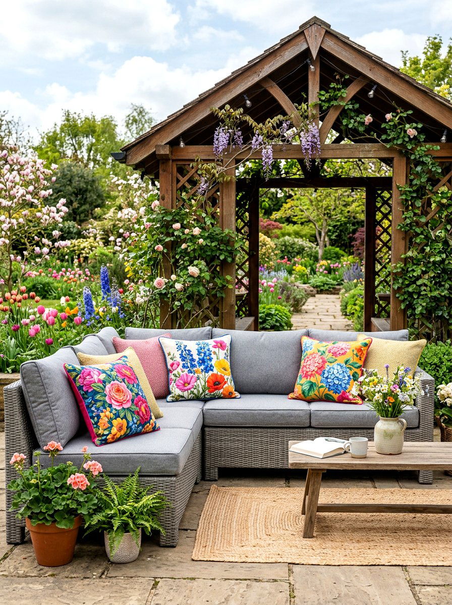 Floral pattern pillows - 25 Spring Gazebo Decor Ideas