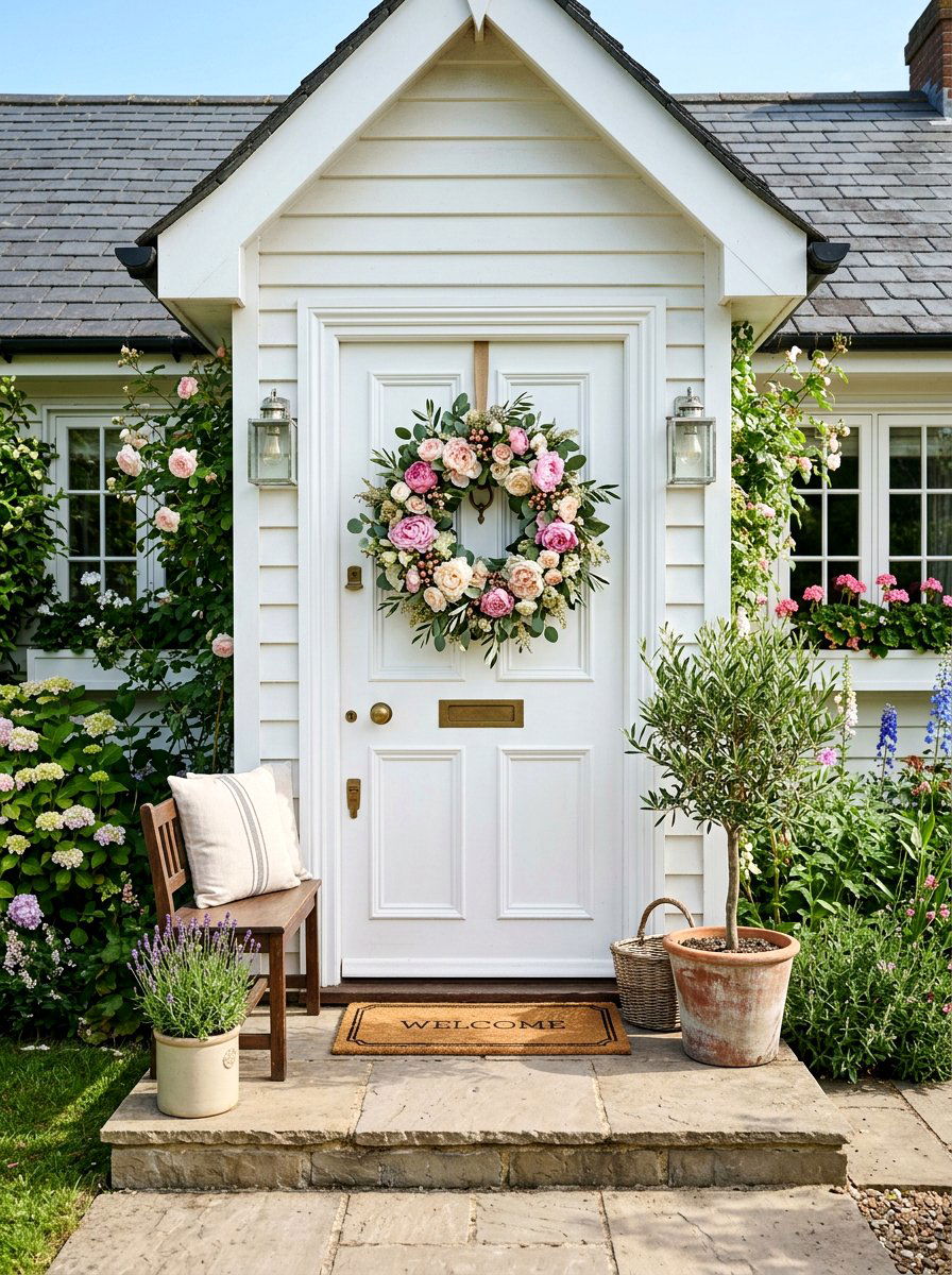 Floral porch wreath - 25 Spring Vacation Rental Decor Ideas