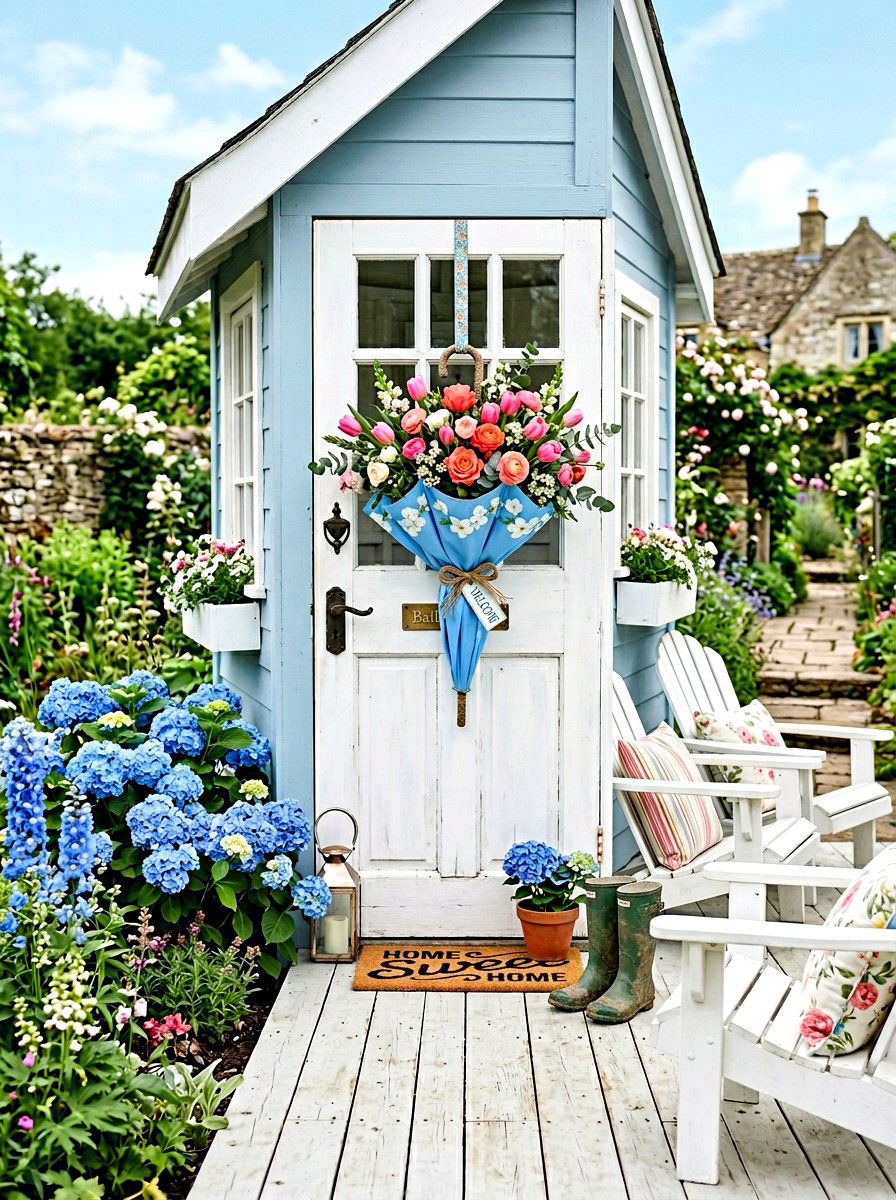 Floral umbrella door decor - 25 Spring Door Swag Ideas