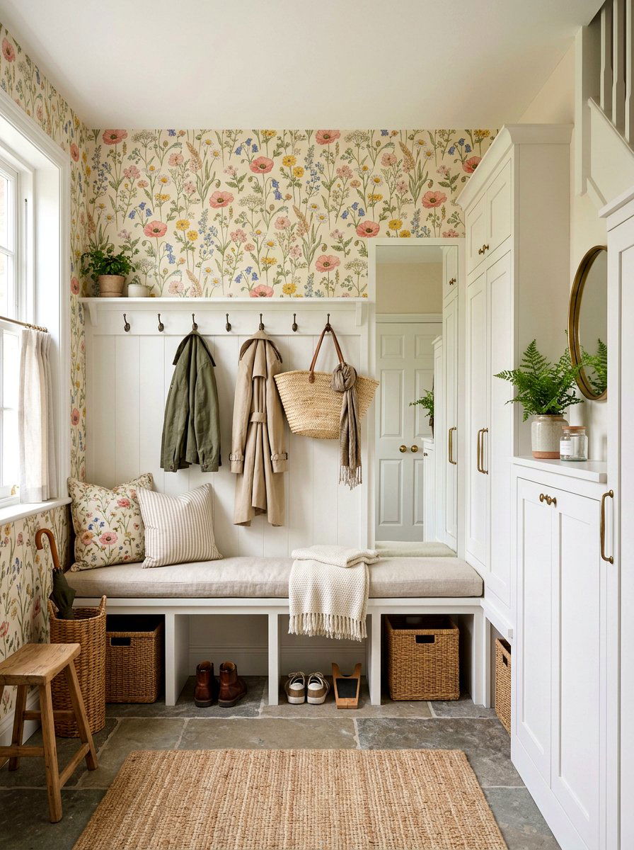 Floral wallpaper - 25 Spring Mudroom Decor Ideas