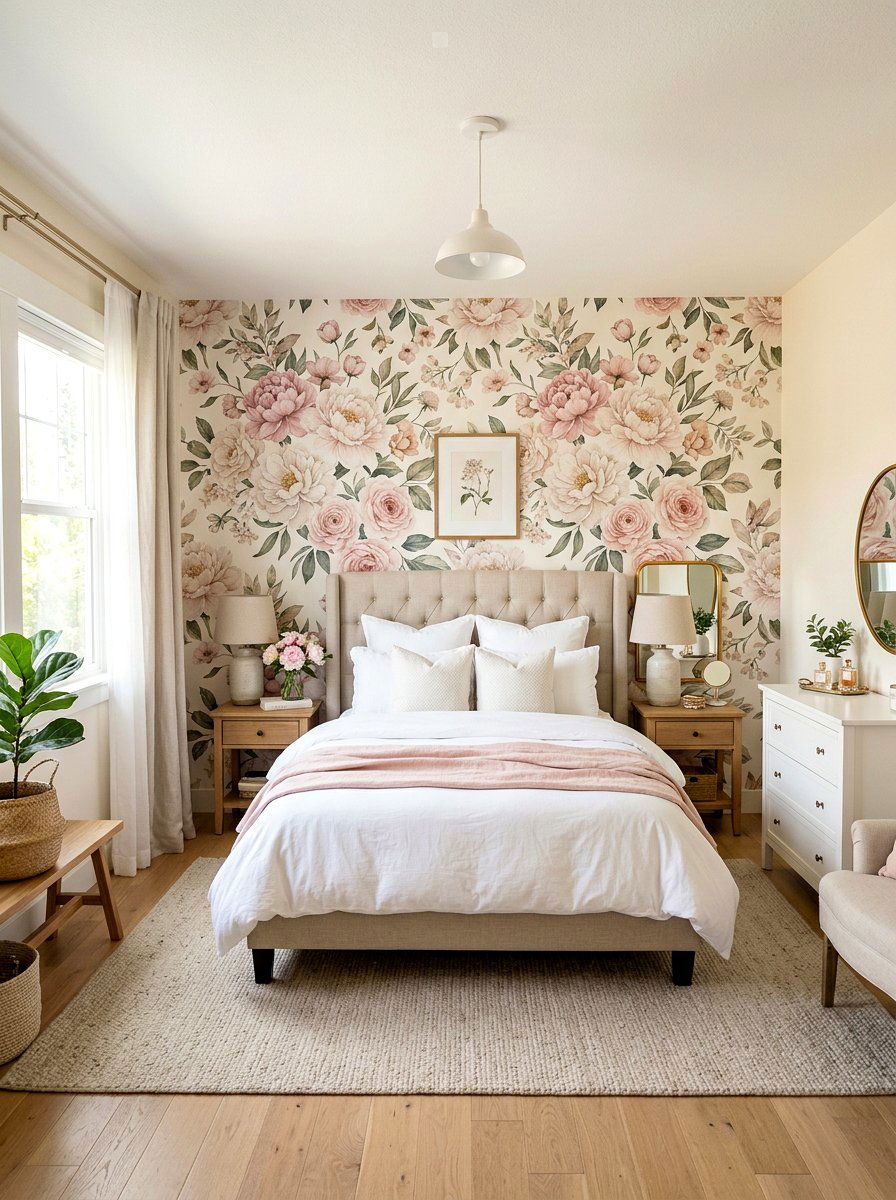 Floral wallpaper accent wall - 25 Spring Floral Decor Ideas